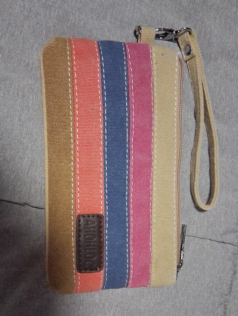 AHOHO Multi-Stripe Canvas Wristlet Wallet in Tan, Pink, Blue